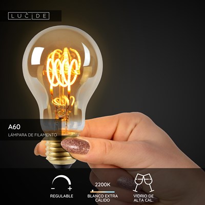 Lucide A60 - Lámpara de filamento - Ø 6 cm - LED Regul. - E27 - 1x4,9W 2200K - Ámbar